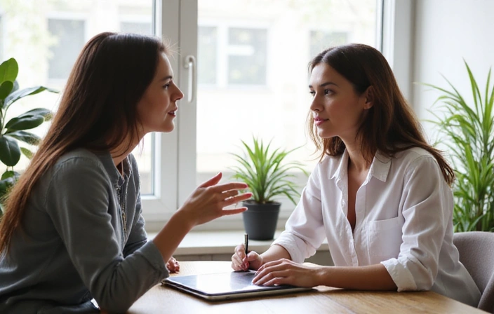 Nutritionist conducting an initial comprehensive assessment with a client, taking notes and discussing health goals in a professional setting.