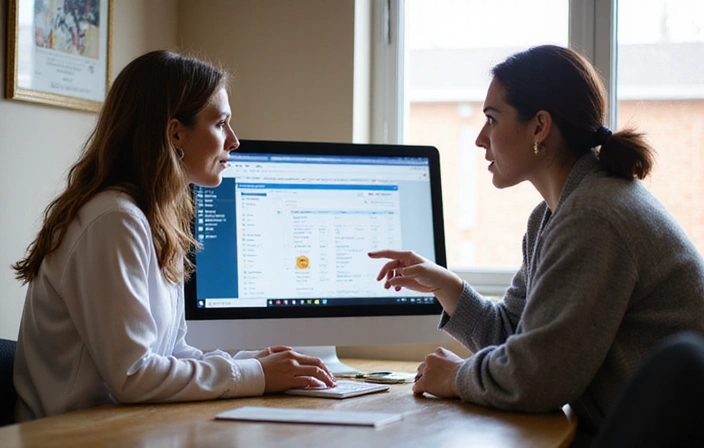 Nutritionist providing ongoing support and education to a client, pointing to educational materials on a screen.