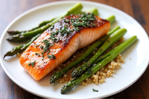 A plate of grilled salmon with asparagus and quinoa, presented aesthetically.
