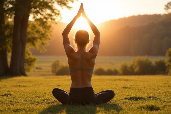 A person performing a yoga pose in a serene outdoor setting, illustrating mindfulness and well-being.