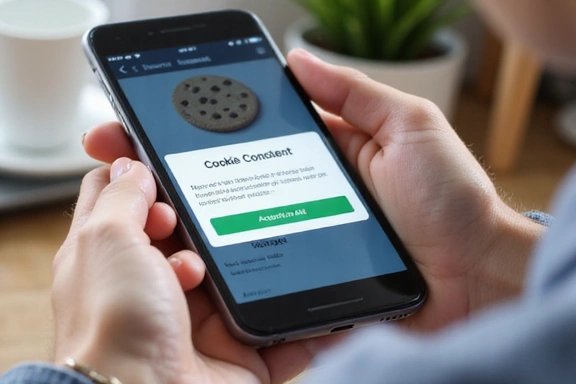 A hand holding a smartphone displaying a cookie consent pop-up on a website, symbolizing user privacy and data control.