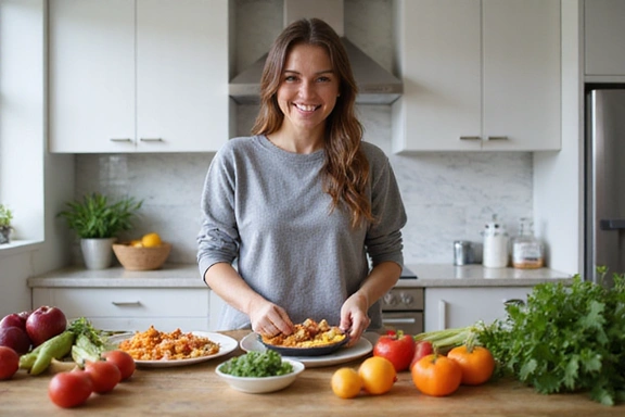 A person happily preparing a personalized, healthy meal plan with fresh ingredients.